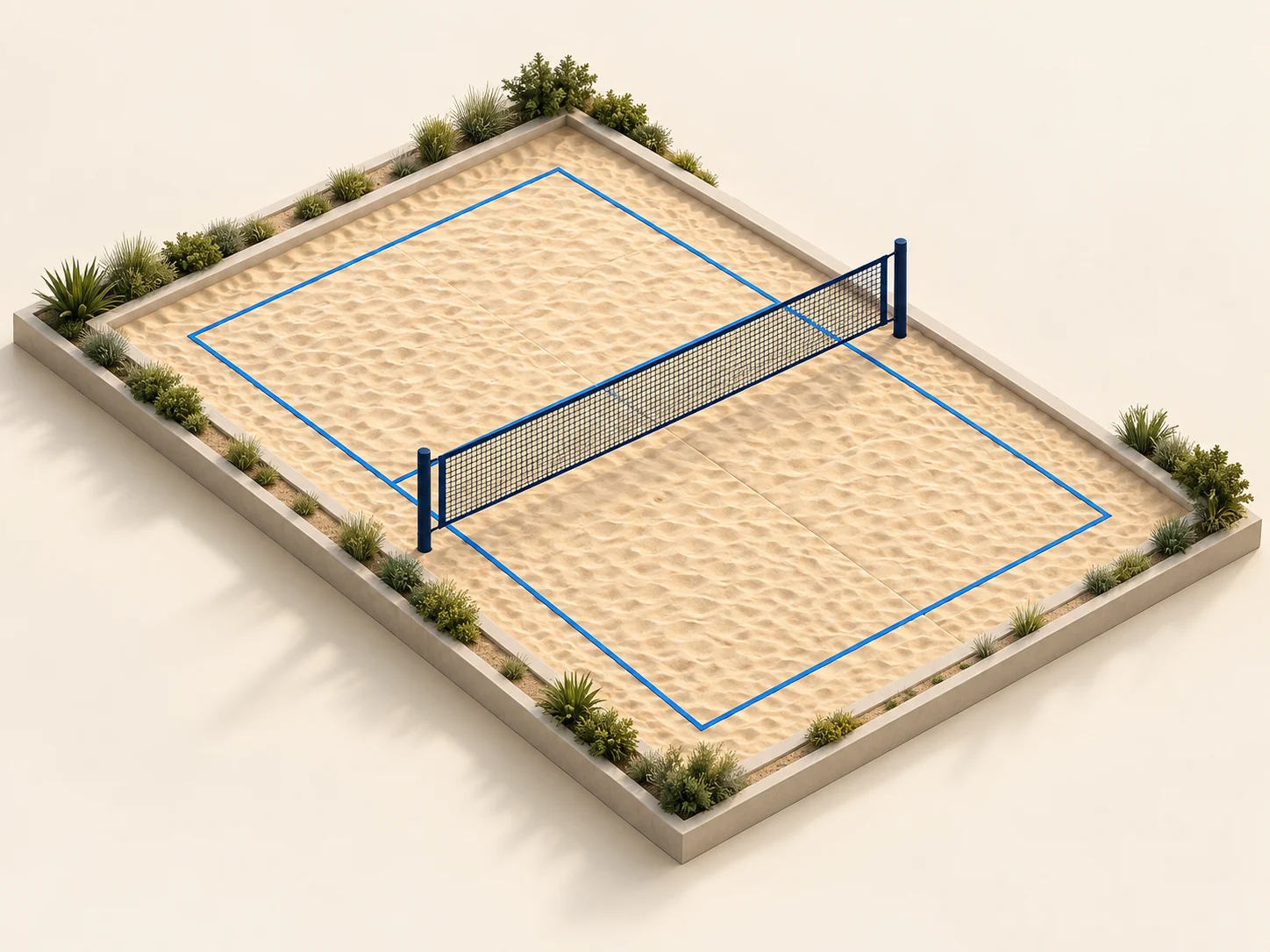 Ilustração conceitual em 3D de quadra de beach tennis em maquete isométrica, com areia clara, linhas azuis e rede central.