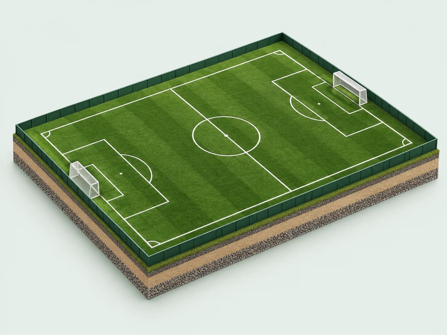 Maquete conceitual de campo de futebol verde com linhas, gols e corte lateral da base.