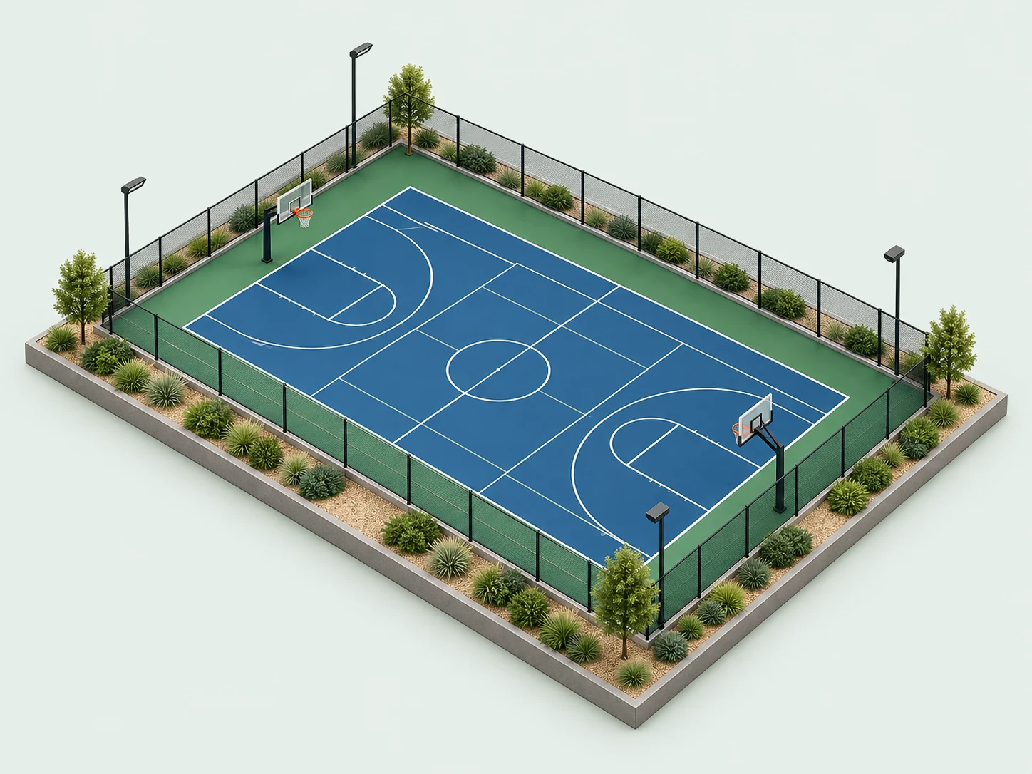 Maquete conceitual de uma nova quadra esportiva azul, com perímetro verde, marcações brancas e fechamento.