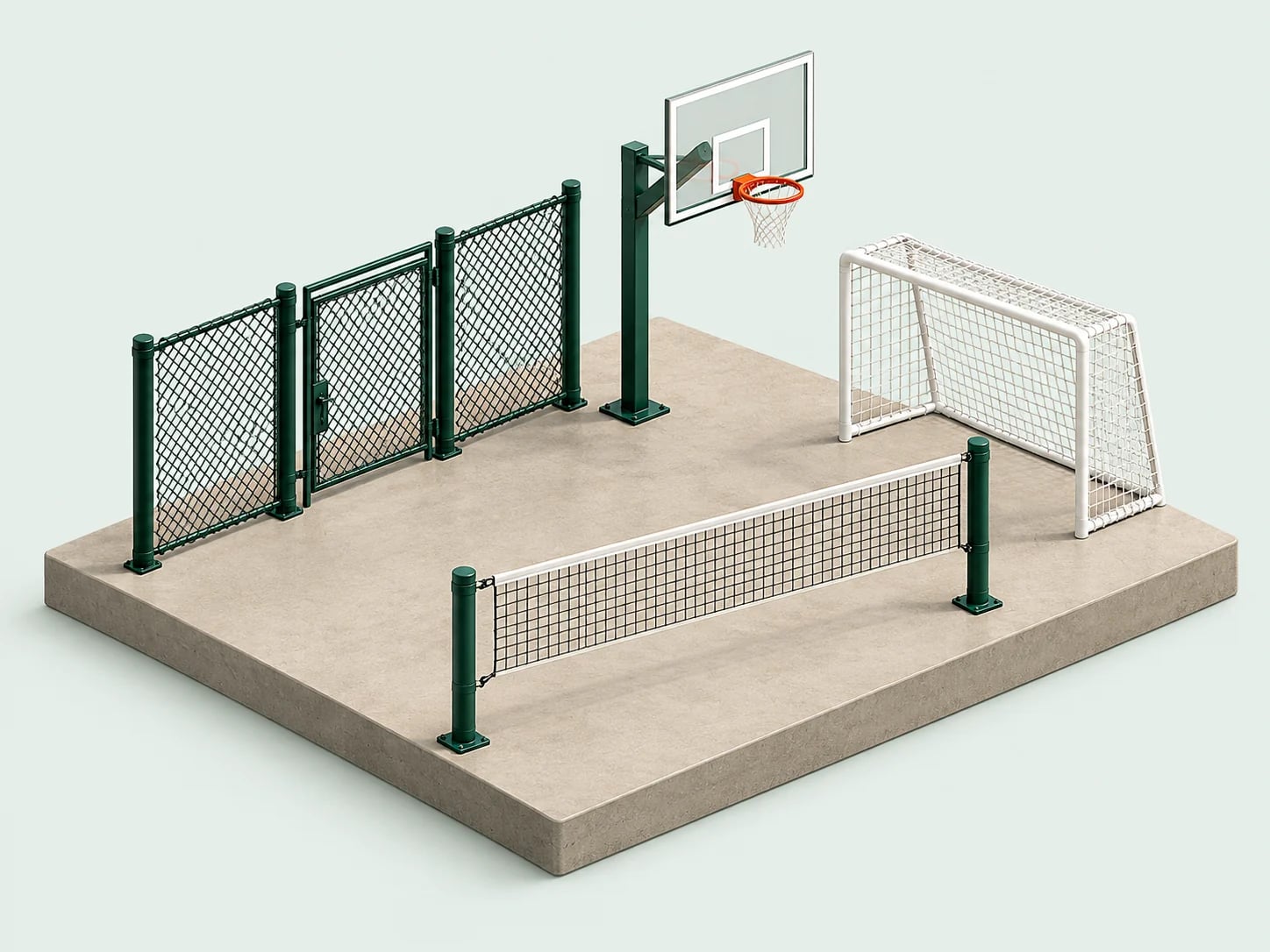 Composição conceitual de alambrado com portão, tabela de basquete, gol e postes com rede.