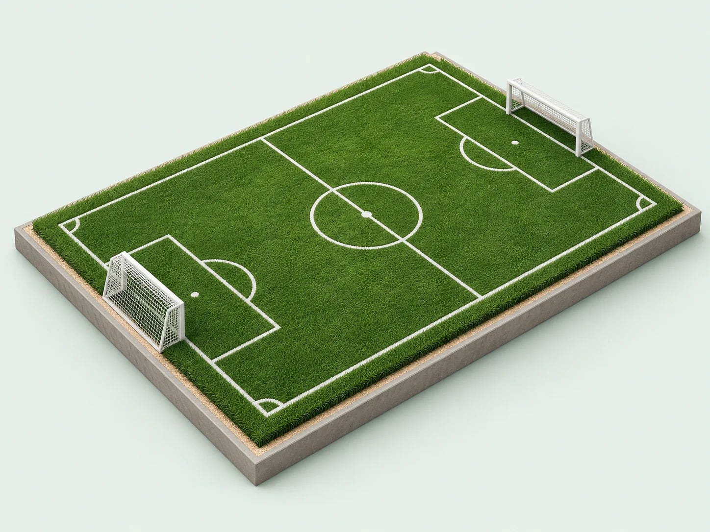 Maquete conceitual de campo de futebol society com grama sintética verde e marcações brancas.