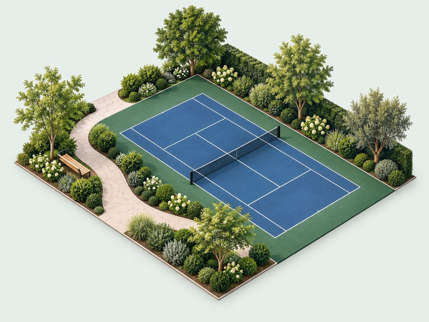 Maquete conceitual de paisagismo com caminho de pedra, vegetação, árvores e banco junto a uma quadra.
