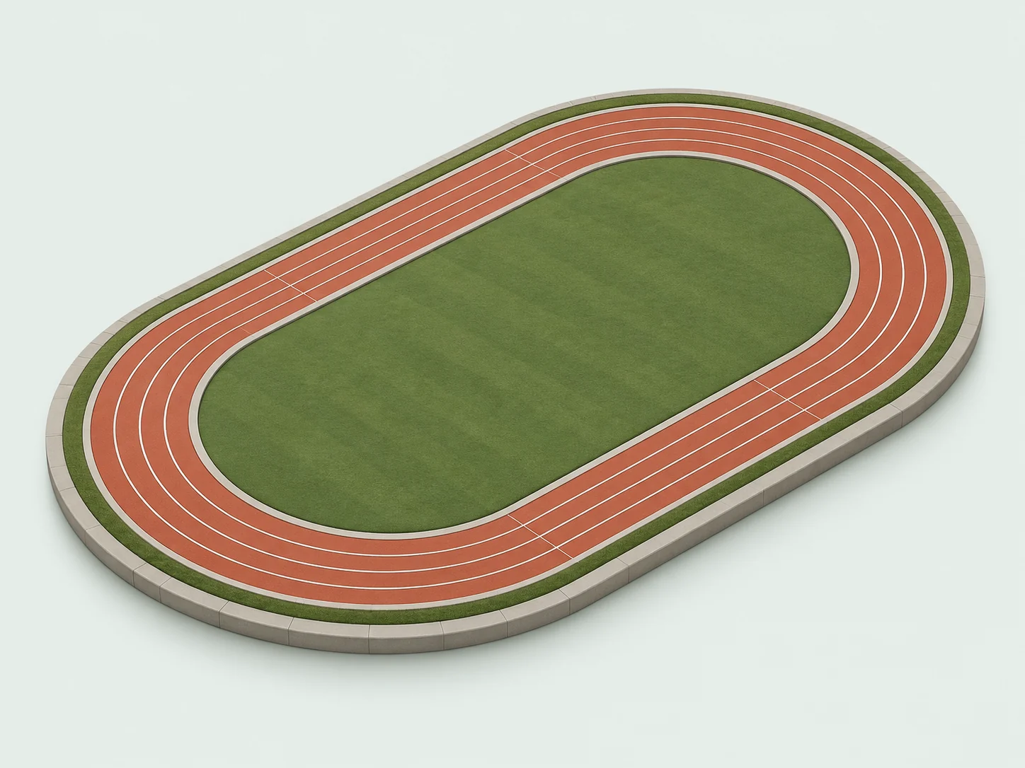 Maquete conceitual de pista oval de atletismo terracota com quatro raias e campo central verde.