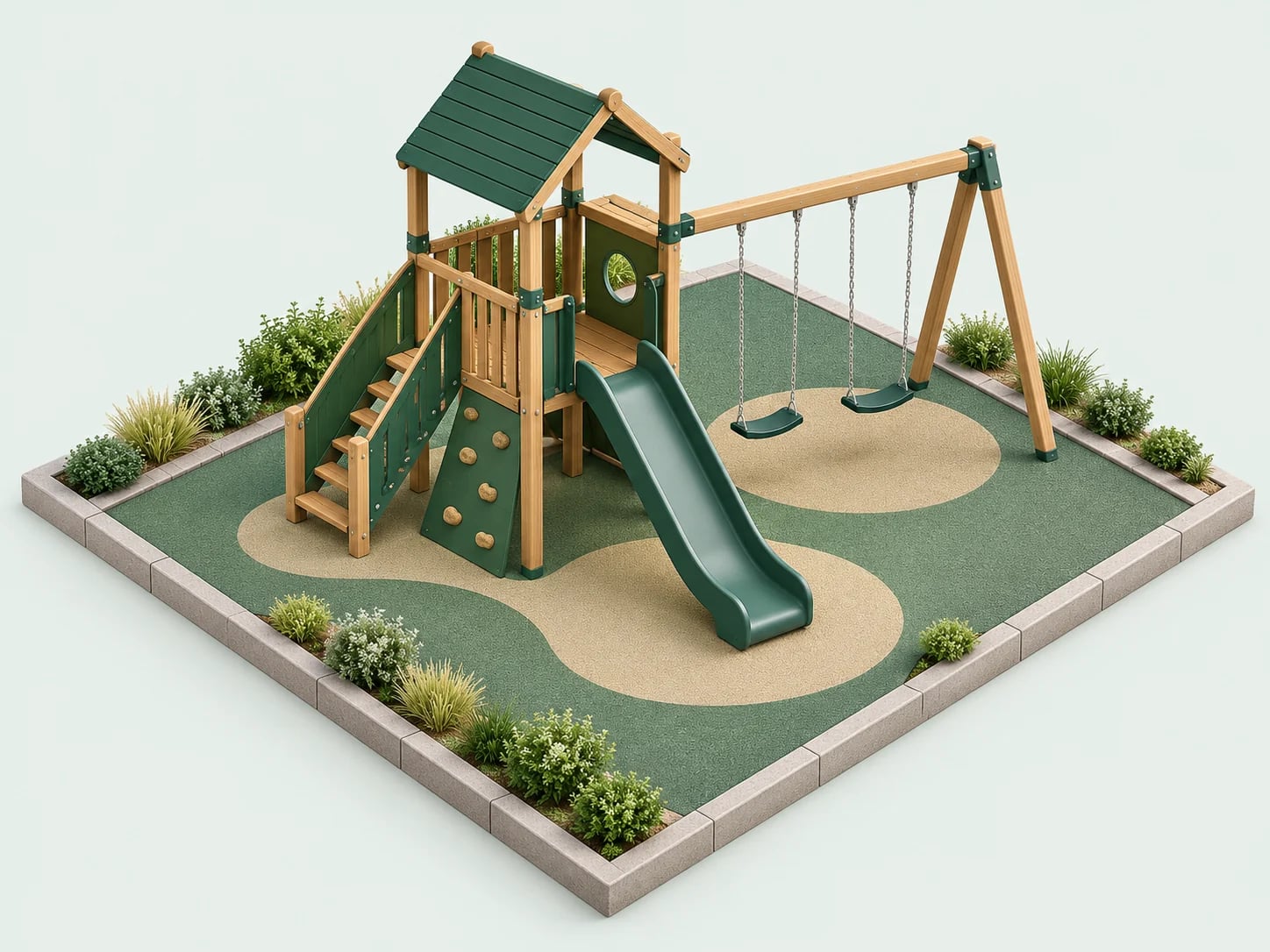 Maquete conceitual de playground compacto com estrutura de madeira, escorregador e balanços.