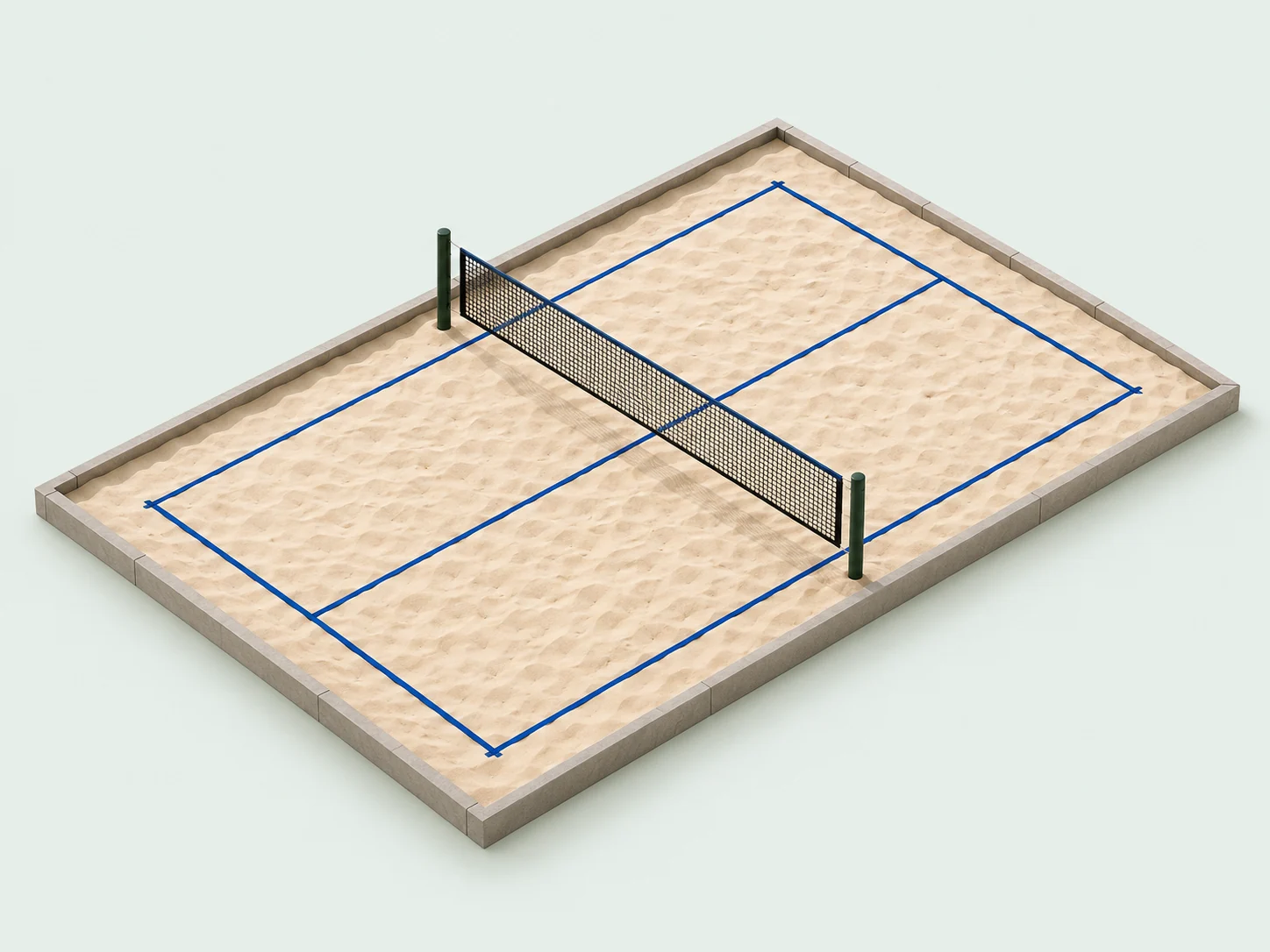 Maquete conceitual de quadra de beach tennis com areia clara, linhas azuis e rede central.
