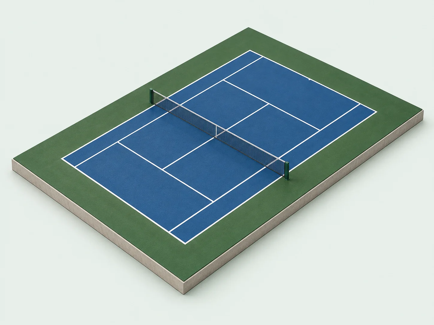 Maquete conceitual de quadra de tênis azul e verde com rede e marcações brancas.