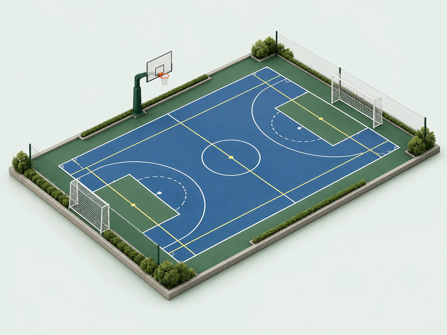 Maquete conceitual de quadra poliesportiva azul e verde com marcações para diferentes modalidades.