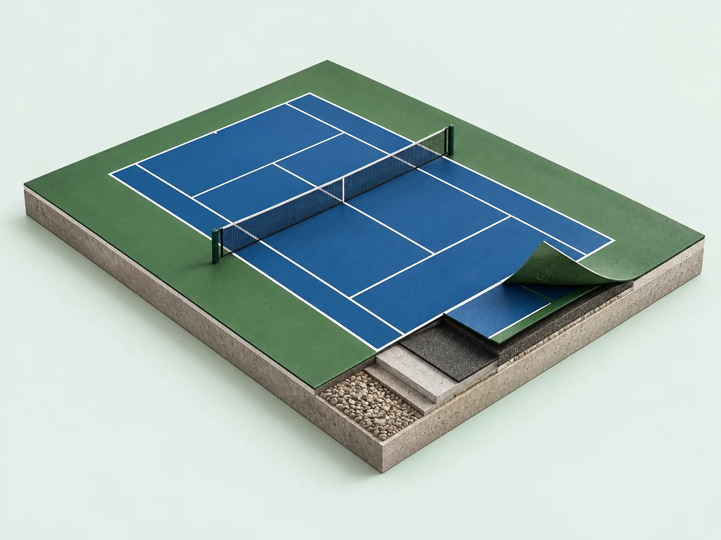 Maquete conceitual de reforma de quadra com superfície renovada e uma seção mostrando camadas construtivas.